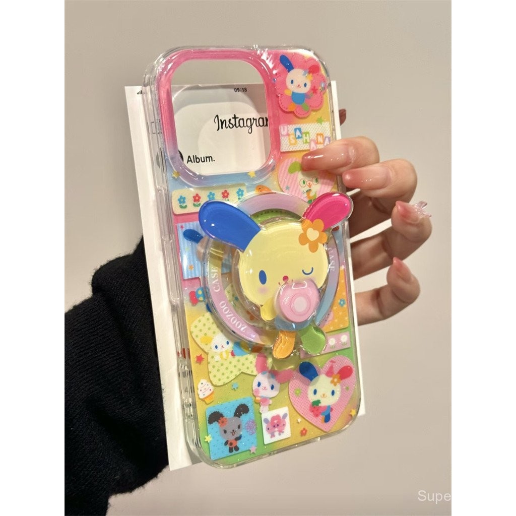 เคสโทรศัพท์ที่เข้ากันได้กับ iPhone 7 8 X XS XR XSMAX 11 12 13 14 15 16 Pro Max Plus ลายเย็บสีสันสดใส หูกระต่าย สี ขาตั้งแม่เหล็ก เคสนุ่มปกป้องเต็มรูปแบบ กันกระแทก เคสป้องกัน IRPM