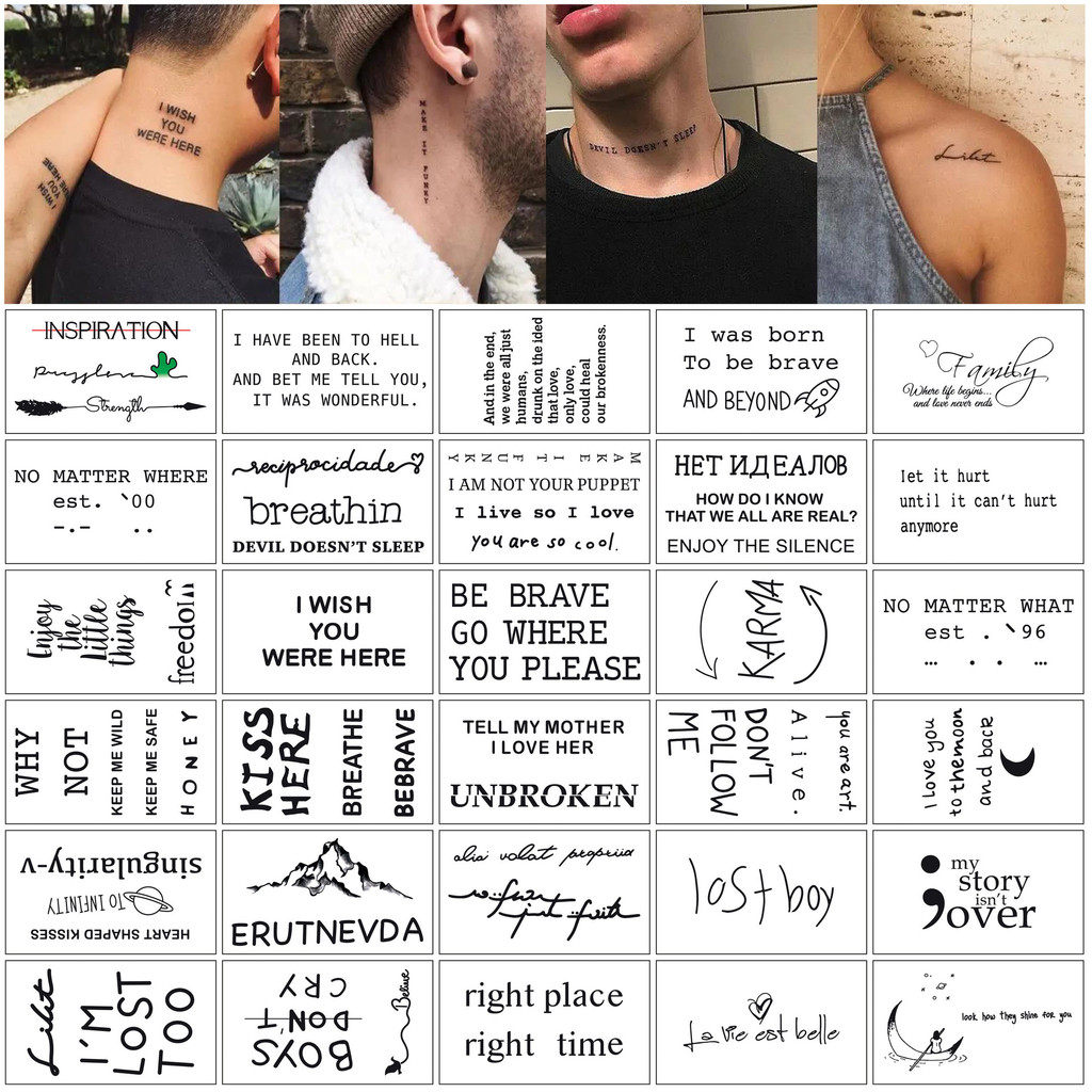 สติ๊กเกอร์รอยสัก คําภาษาอังกฤษ กันน้ํา สมจริง โอน ชั่วคราว ตัวอักษรสีดํา ขนนก ร่างกาย ศิลปะ สําหรับผู้ชาย ผู้หญิง