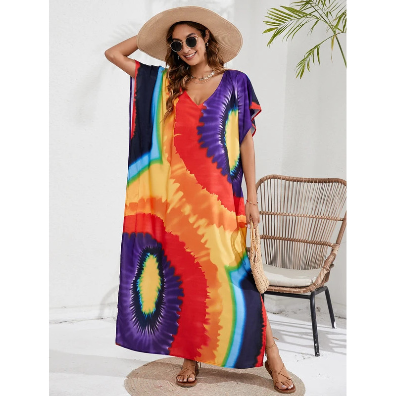 Plus Size Boho Cover Up, Womens Plus Geo Print Batwing Sleeve V Neck Split Kaftan Beach Cover Up Dre