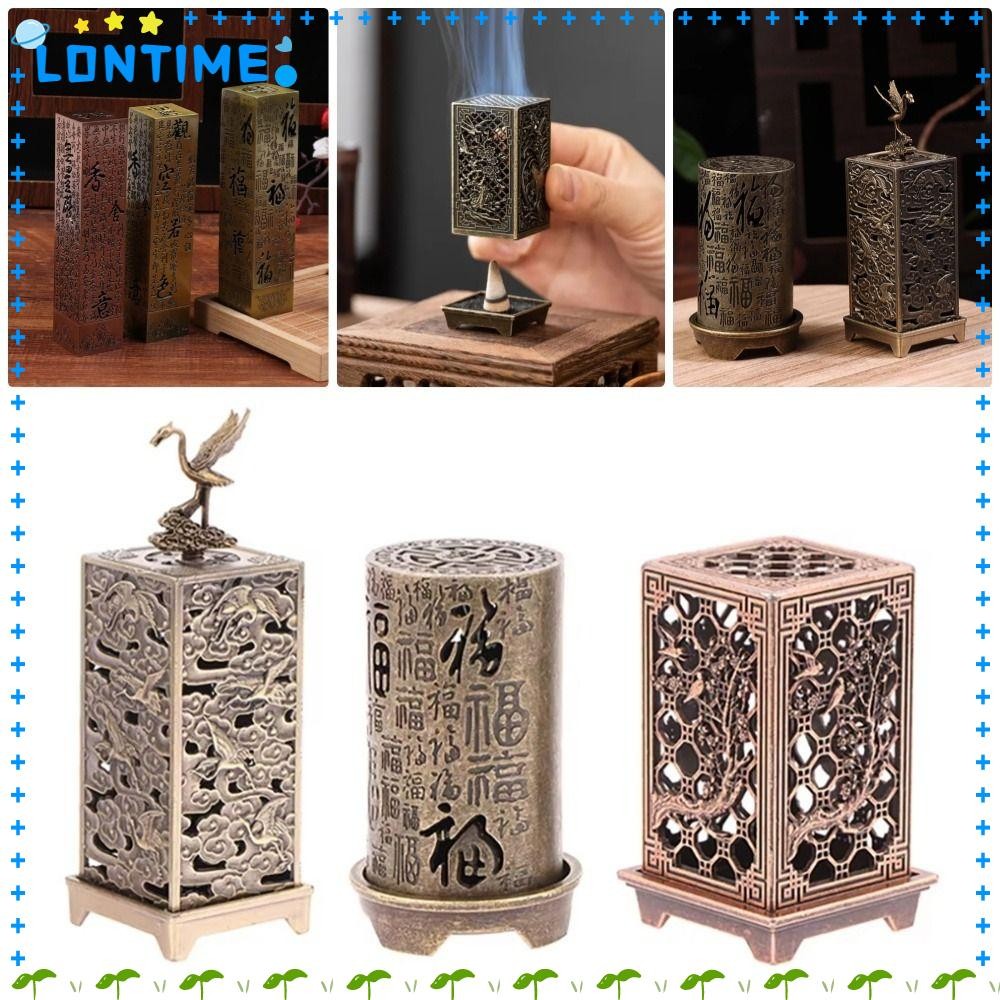 LONTIME 1 ชิ้น Lotus ธูป Censer,ไม้จันทน์สแควร์แนวตั้งธูป Burner,ทนทาน Retro พร้อม Hollowed Out รูปแบบโลหะผสมกล่องธูป Home Office ตกแต่ง