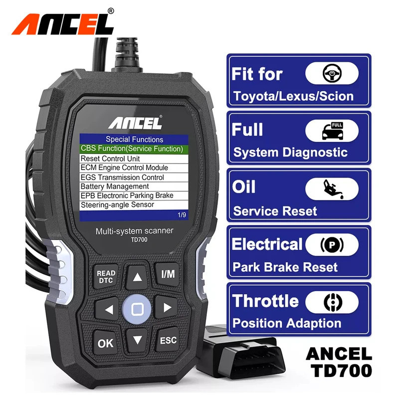 Ancel TD700 เครื่องสแกน OBD2 สำหรับ Toyota/Lexus/Scion ทุกระบบ ระบบเกียร์ TPMS เรียนรู้ใหม่ ABS เครื