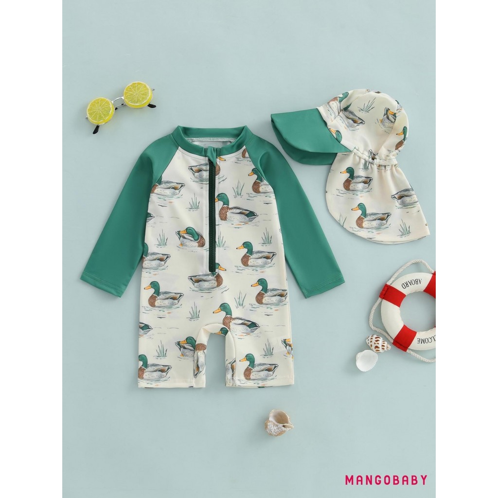 MG-Toddler Boy Rash Guard ชุดว่ายน้ําหมวก 2 ชิ้นชุดเป็ดรูปแบบ Zip Up แขนยาวลูกเรือคอเด็กทารกชุดว่ายน้ํา