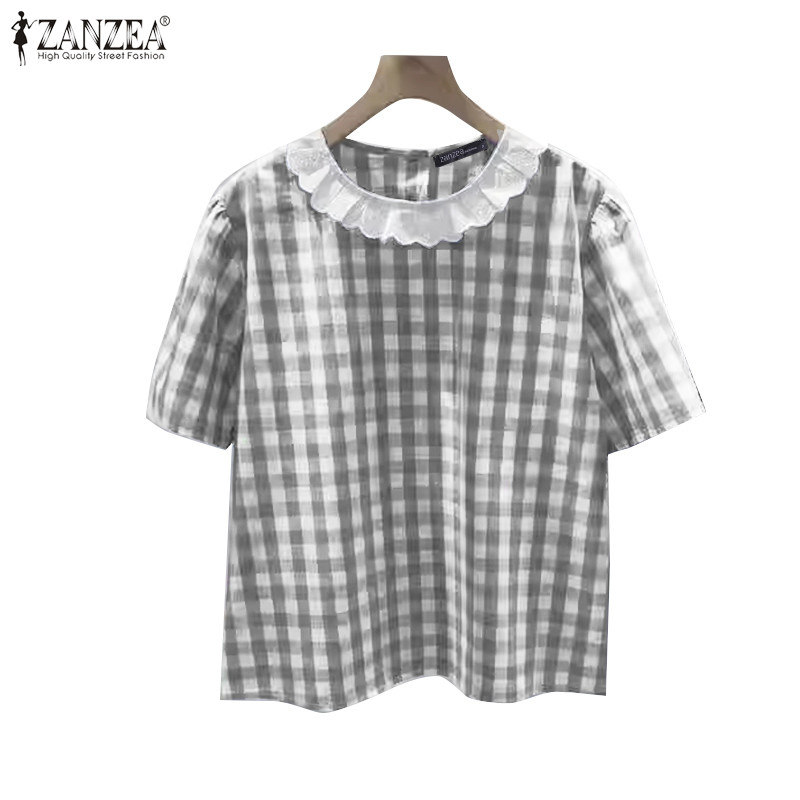 ZANZEA  ใส่ ซานเซีย ผู้หญิงเกาหลีแฟชั่นสันทนาการตาข่ายลูกไม้ลายสก๊อตแขนสั้นเสื้อทุกวัน