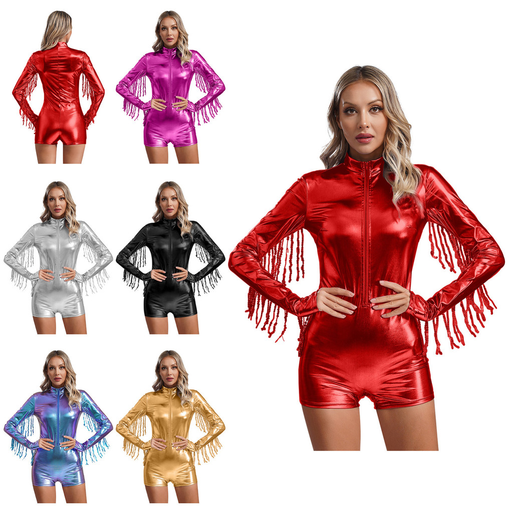 Yeahdor ผู้หญิงเงาโลหะบอดี้สูทจําลองคอยาวแขนยาวเลื่อมพู่ด้านหน้าซิป Jumpsuit Dance Leotard Biketard 