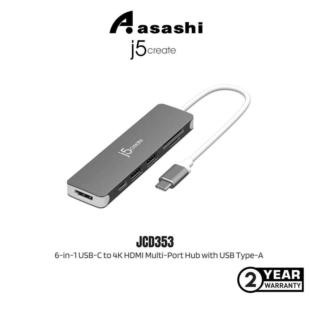 J5create JCD353 6-in-1 USB-C ถึง 4K HDMI Multi-Port Hub พร้อม USB Type-A*2 ,PD 100W, SD/Micro SD