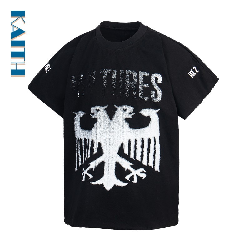 #T1 แขนสั้นผ้าฝ้ายเสียหาย Double Headed Eagle Letter พิมพ์สีธรรมดาปกติรอบคอ Unisex Simple Tshirt สํา