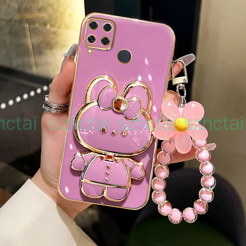 ปลอกRealme C15 C12 C25 C25S Narzo 30Aเคสโทรศัพท์TPU 3Dกระต่ายเครื่องสําอางกระจกแต่งหน้าขาตั้งUltra Thin Electroplated Soft Caseเคสกันกระแทกพร้อมสร้อยข้อมือ