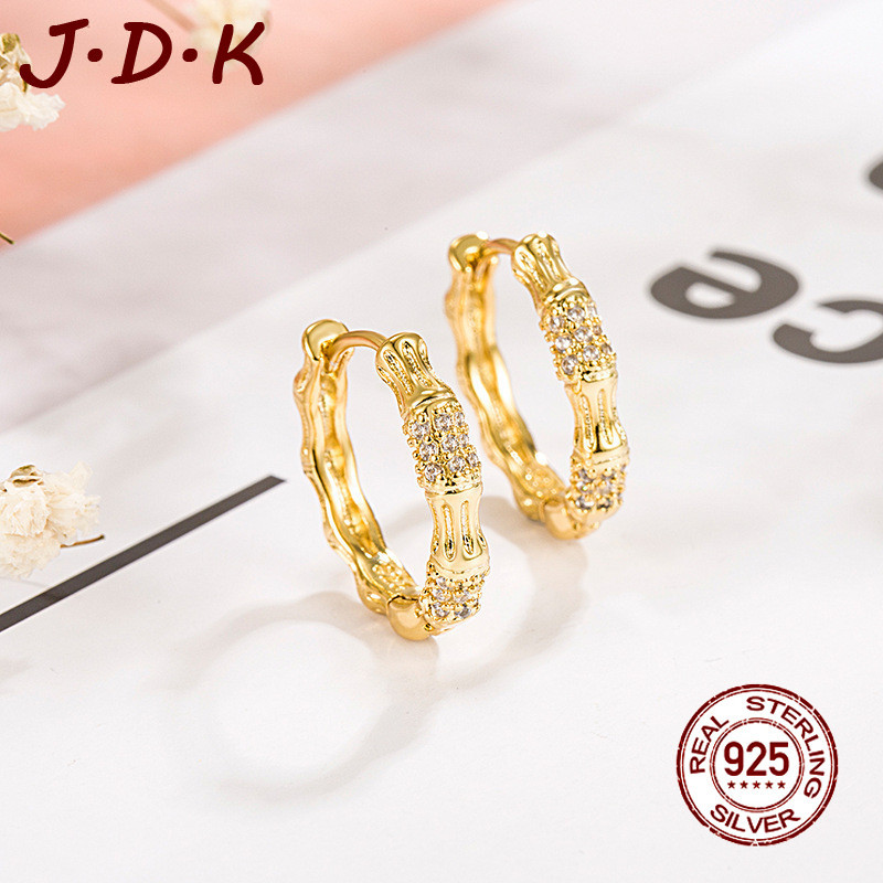 JDK 5A ต่างหูโบว์ไม้ไผ่เพทายใหม่สําหรับผู้หญิง 18k Gold