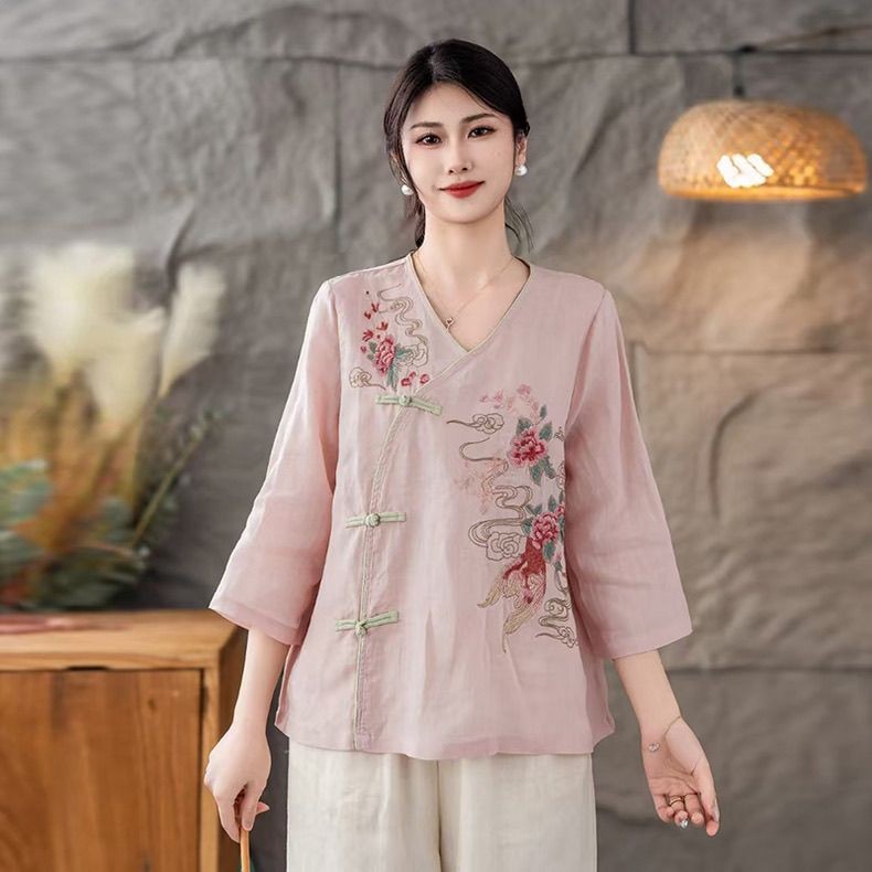 สไตล์แห่งชาติย้อนยุคผ้าฝ้ายผ้าลินินสไตล์จีนฤดูร้อนคาร์ดิแกนแนวทแยงด้านบนวรรณกรรมหัวเข็มขัดชาติพันธุ์อุตสาหกรรมหนักปักเสื้อ - รูปที่ 2