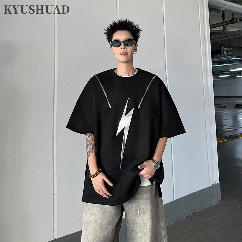 KYUSHUAD เสื้อยืดผู้ชาย American Retro Lightning รูปแบบแฟชั่นซิปหลวม Casual Top