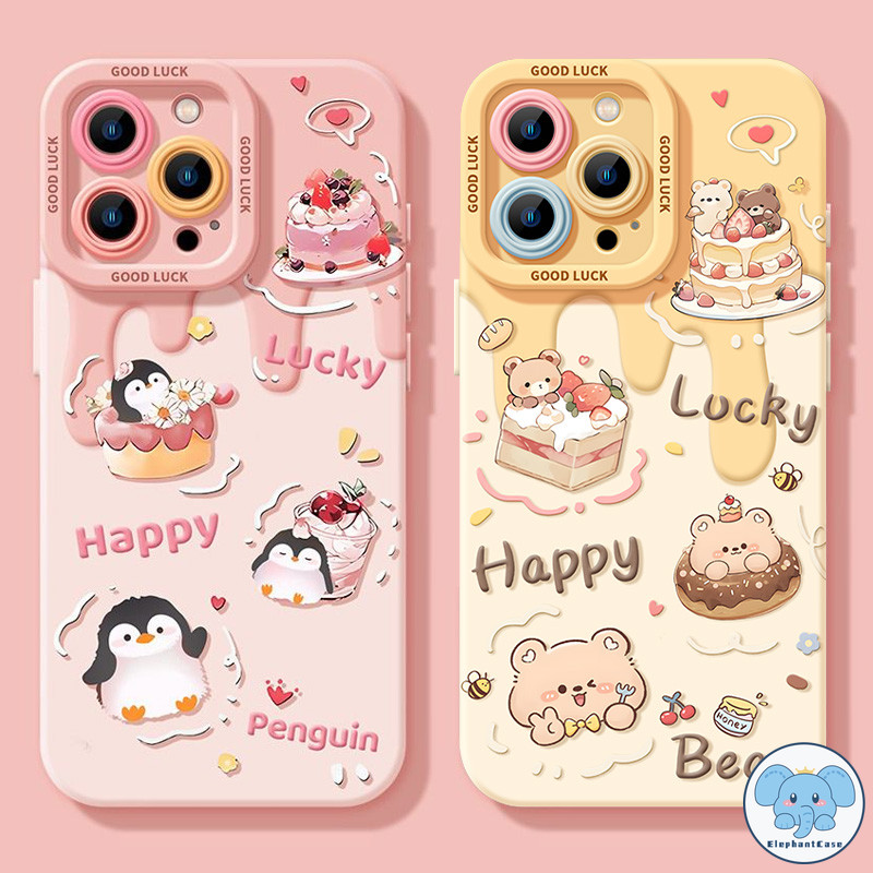 เคสไอโฟน 16 สำหรับ IPhone XR 11 15 12 16 13 14 Pro Max XS X 16 15 7 8 Plus SE 2020 เคสหมีเพนกวินเค้กแสนน่ารัก