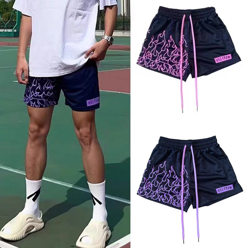 M-3XL Hip-Hop Flame พิมพ์กางเกงขาสั้น - ทรงหลวมสีม่วงสีชมพูอเมริกัน Streetwear ฤดูร้อนกีฬากางเกงขาสั้น