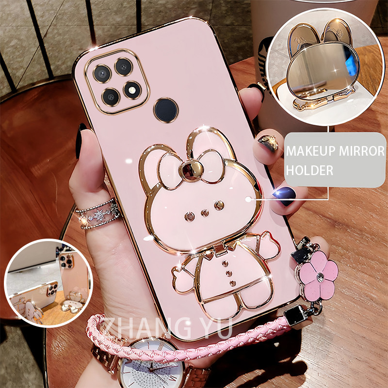 สําหรับ OPPO A15 A15S เคสโทรศัพท์ TPU 3D กระต่ายสเตอริโอขาตั้งกันกระแทกใหม่ Soft Case Lanyard