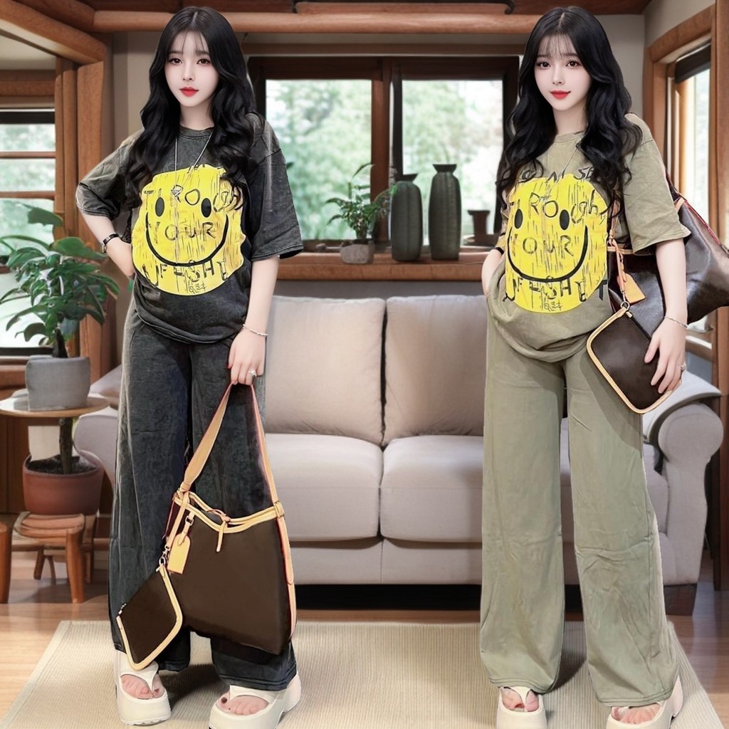 ชุดเซ็ท 2ชิ้น สกรีนลายน้องยิ้ม S249 เสื้อ+กางเกงขายาว แฟชั่นน่ารักๆ