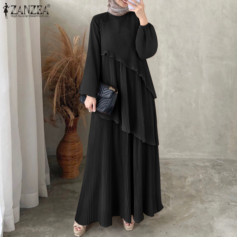 ZANZEA ซานเซีย ผู้หญิงมุสลิมแฟชั่น โอ-คอ ความยาวข้อเท้าโคมไฟแขนจีบออกแบบชุด