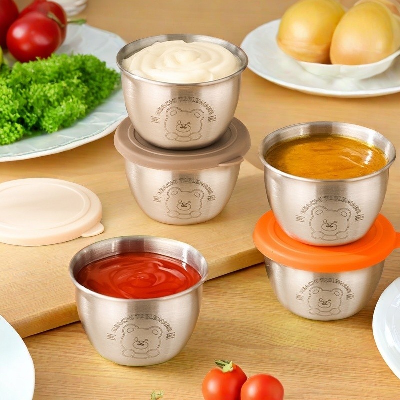 ถ้วยใส่ซอสสแตนเลส 304 ขนาดเล็ก มีฝาปิดลมสำหรับเห็ดและไก่ทอด