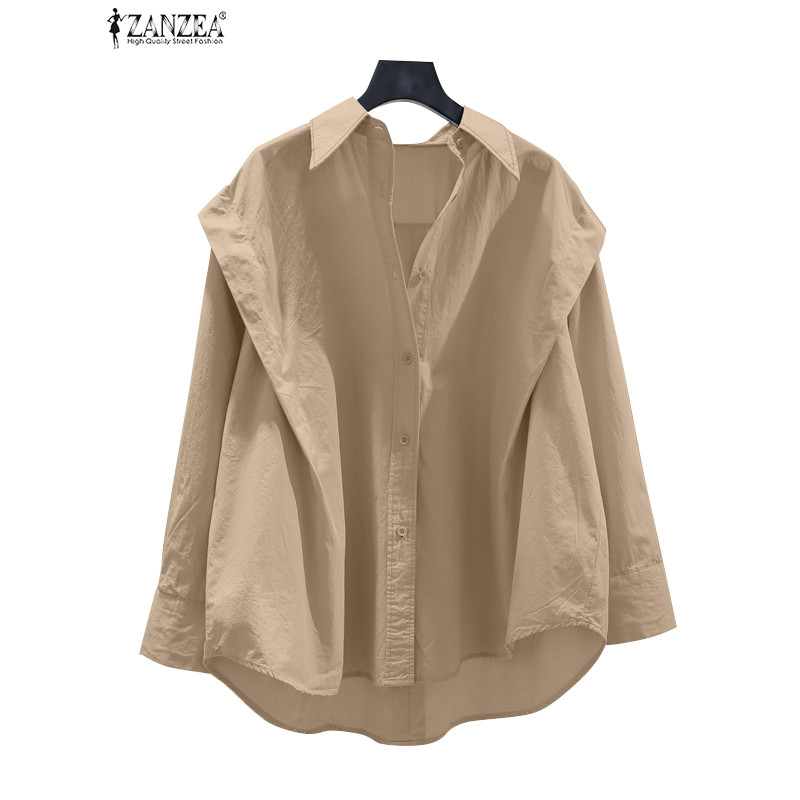 Zanzea เสื้อเชิ้ตสีทึบแขนยาวลําลองสไตล์เกาหลีสําหรับผู้หญิง