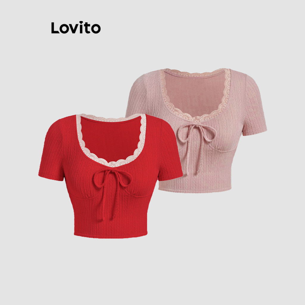Lovito เสื้อยืดผู้หญิง ผ้าลายริ้ว คอระบาย แบบผูกเชือก สีพื้น สไตล์น่ารัก L79AD016(หลากสี)