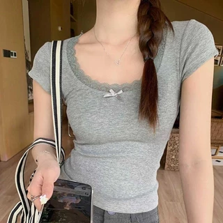 เสื้อยืดแขนสั้นยูคอผูกโบว์ ลายลูกไม้ สไตล์อเมริกัน สีชมพู