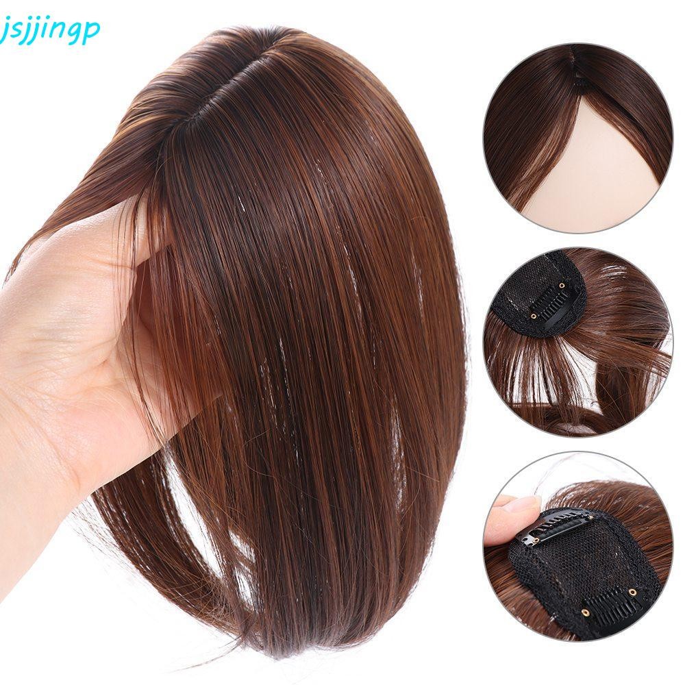 Jsjjingpหน้าม้าด้านบน,ต่อผมคลิปในหน้าม้าปลอม,ปกผมสีขาวสังเคราะห์ที่มองไม่เห็นด้วย ผมปลอม เรียบ แฮร์พีซ ผู้หญิง