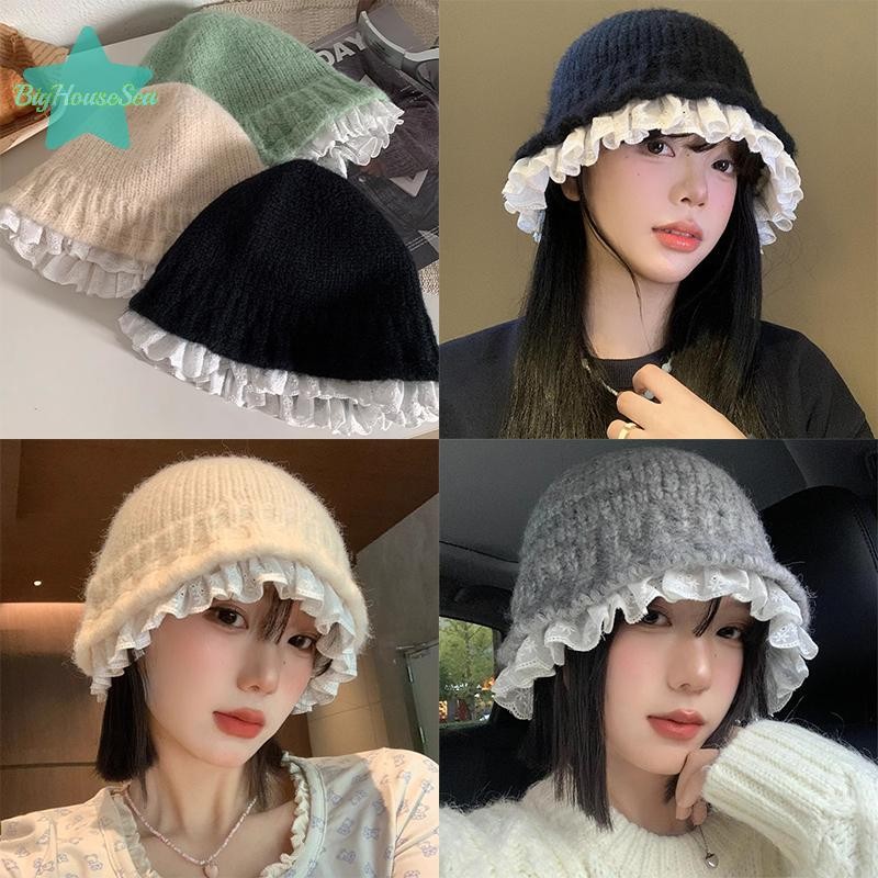 [BigHouseSea] หมวกถักนิตติ้งลูกไม้ผู้หญิงฤดูใบไม้ร่วงและฤดูหนาว Street หวานอเนกประสงค์กลางแจ้ง Warm Casual Big Head Bob Cap ใหม่