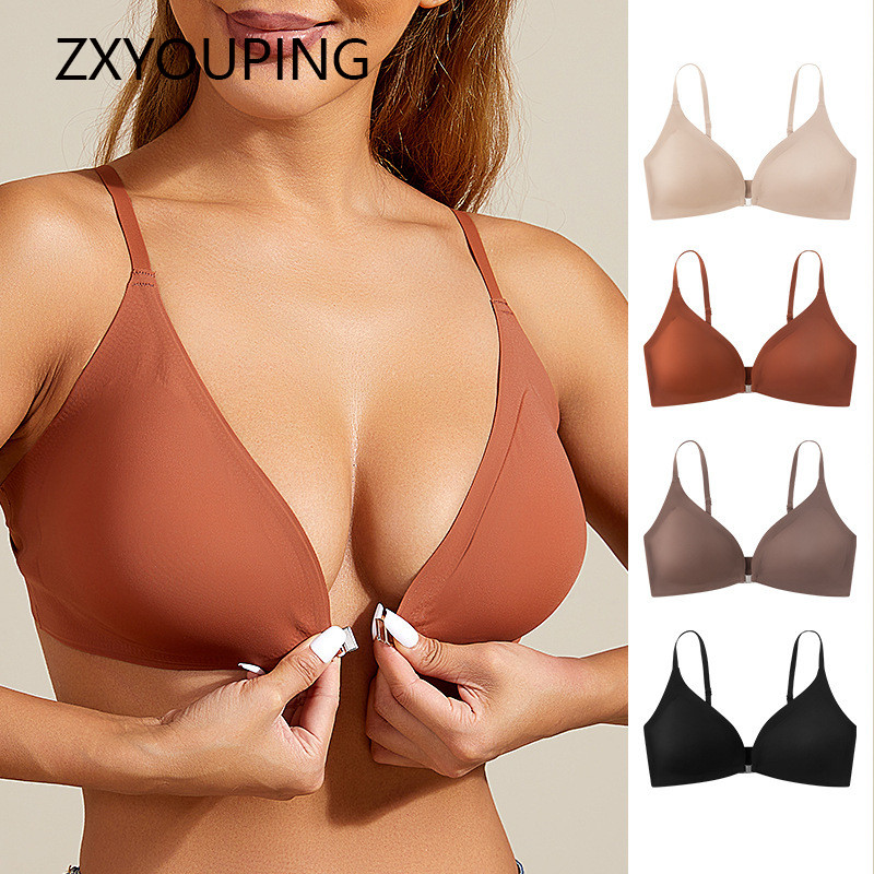 ผู้หญิงชุดชั้นในไร้รอยต่อผ้าไหมน้ําแข็ง Push-up Bra Deep V Bras Plus ขนาด Lingerier ปุ่มด้านหน้าชุดชั้นใน