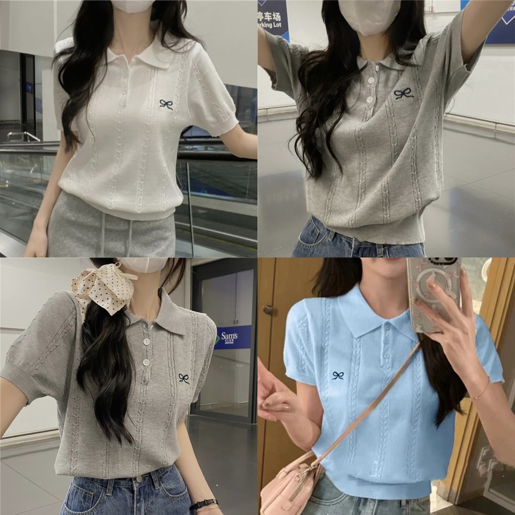 Kayla เสื้อคอปก ไหมพรม แขนสั้น ปักลายโบว์ กระดุมหน้า เสื้อครอป สไตล์เกาหลี แฟชั่น น่ารักๆ#YT23