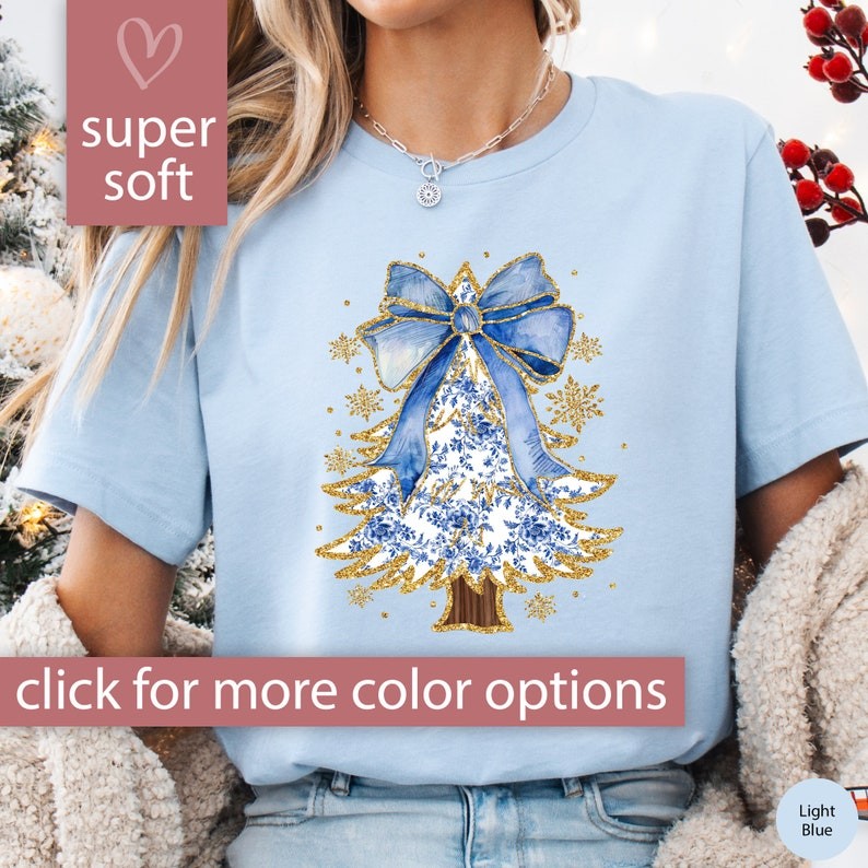 Blue Christmas Tree Shirt for Women Christmas Shirt, Preppy Christmas Gift for Women, Chinoiserie Xm