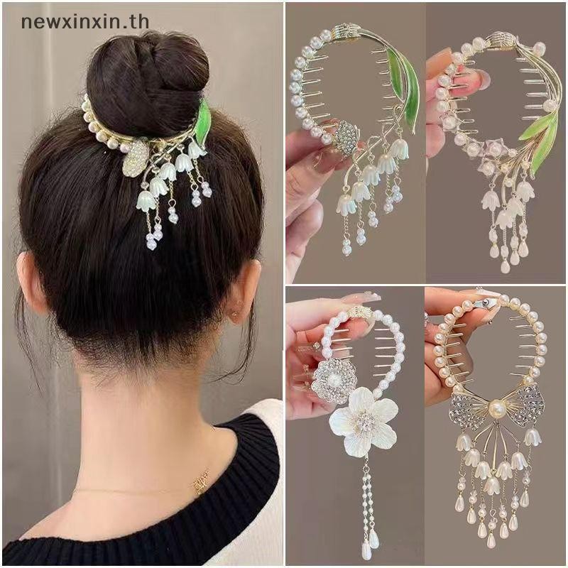 ^N^ Elegant Hair Claw Pill Ponytail Buckle Ponytail Buckle Pearl Rhinestone Pearl sel Clip Hairband Headdress {T}