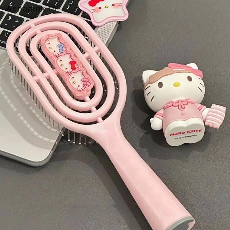Annapink.th Kawaii Hello Kitty Kuromi Cinnamoroll หวีกลวงนวดหวีถุงลมนิรภัยด้ามยาวหวีสําหรับสาวของขวัญวันเกิด EN