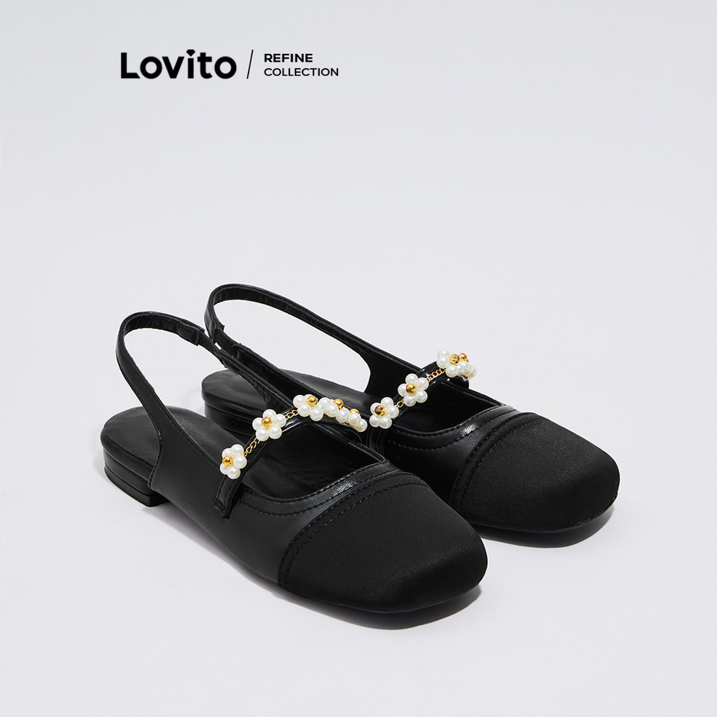 Lovito รองเท้าแมรี่เจนผู้หญิง แบบสวมครึ่งนิ้ว พื้นนุ่ม ประดับไข่มุก สีพื้น สไตล์ลำลอง LFA38465