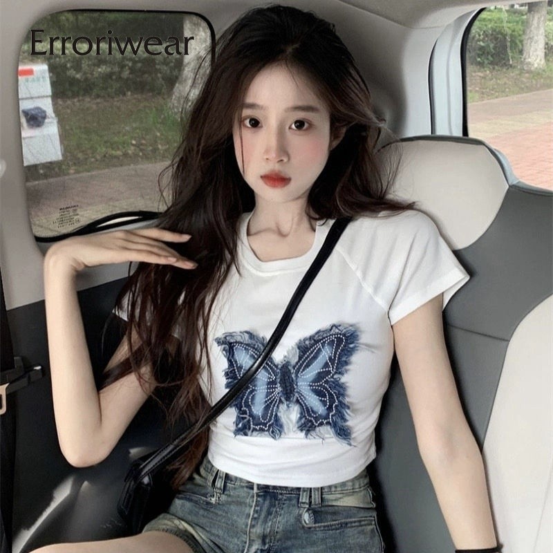 Erroriwear เสื้อครอปท็อป เข้ารูป ลายผีเสื้อ สําหรับผู้หญิง 2024