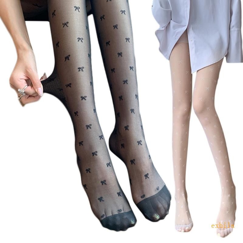 Exhila ผู้หญิงฤดูร้อนถุงน่องยืดบางน่ารัก Bowknot Jacquard ดูผ่านถุงน่องถุงน่อง Solid Slim Party Clubwear