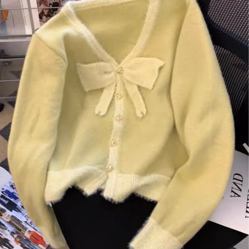 เสื้อสเวตเตอร์คอวีลายกระต่ายปลาสไตล์เกาหลีสำหรับผู้หญิงสไตล์ใหม่ฤดูใบไม้ผลิและฤดูใบไม้ร่วงสไตล์อ่อนโยนโบว์คาร์ดิแกนกระดุมแถวเดียว