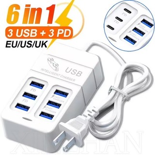 Bộ sạc du lịch USB 6 cổng PD - Ổ cắm điện dây nối dài Vương quốc Anh / EU / US - Ổ cắm 6USB 3USB-A + 3USB-C - Hub treo tường sạc nhanh 35W - Bộ chuyển đổi phích cắm
