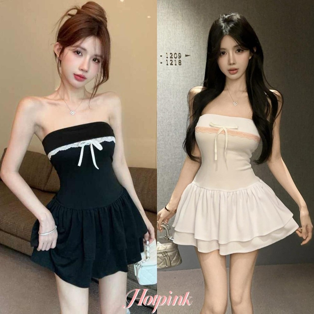 Hotpink ส่งจาก Bangkok🔥เดรสเกาะอกสไตล์หวานแสบ โบว์สวย เอวเข้ารูป ระบายลูกไม้เซ็กซี่ สีตัดกันทันสมัย