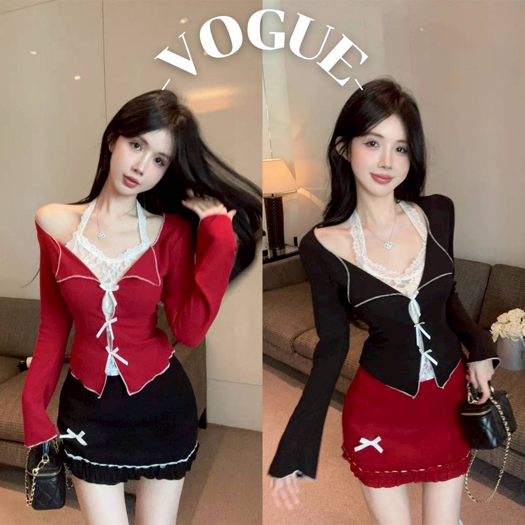 Vogue🌟พร้อมส่ง🌟 เสื้อแขนยาว คอวี แต่งดีเทลคล้องคอลูกค้า สีพื้น (FY506)