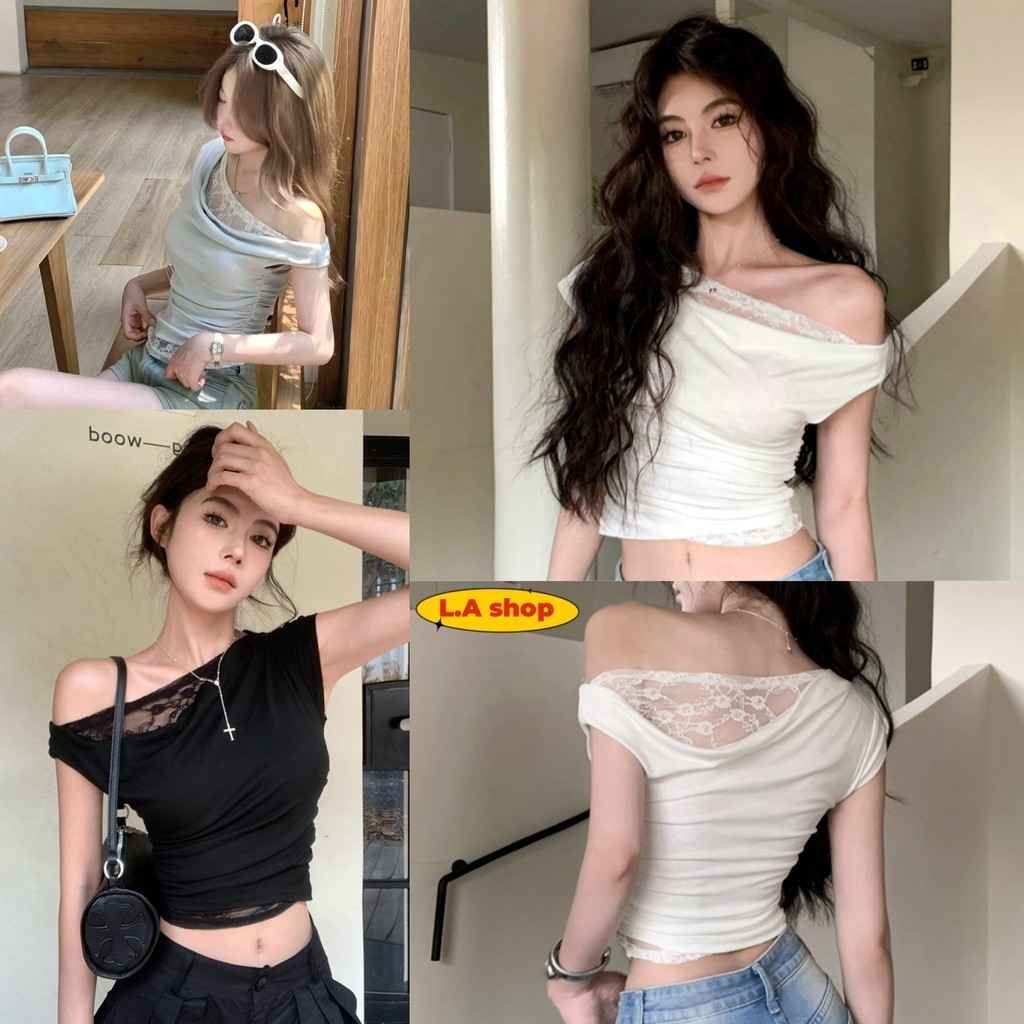 L.A Shop★สไตล์ใหม่★ เสื้อแขนสั้น เปิดไหล่ ใส่สบาย ดีเทลแต่งลูกไม้ พื้นพื้นใส่ง่าย "Y0327"