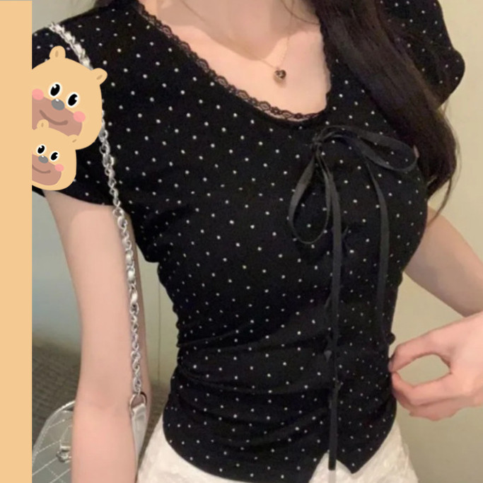 🎀bearbra🎀เสื้อยืดแขนสั้น สไตล์ใหม่ วเสื้อครอปคอก้ างแขนสั้น คอวี พิมพ์ลายจุด น่ารัก