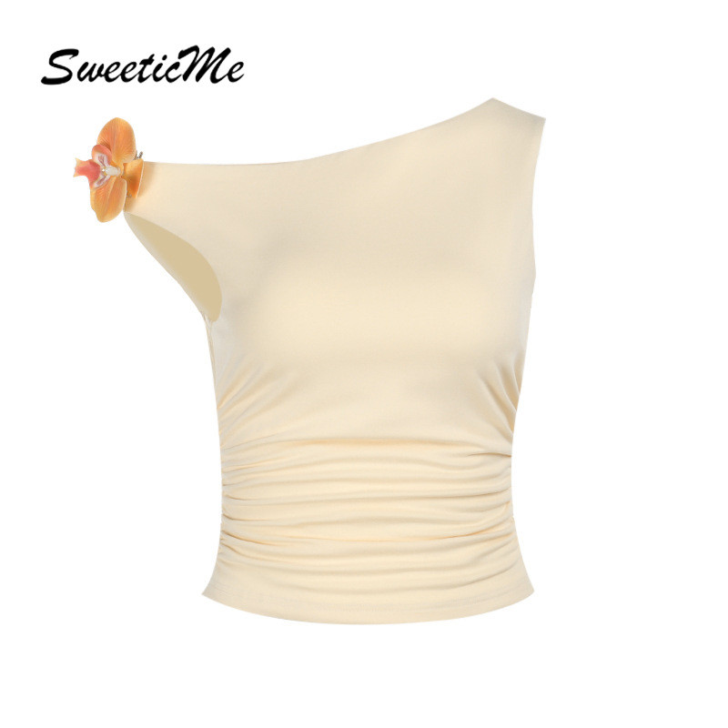 SweeticMe ผู้หญิง 2025 ใหม่สีทึบ Causal Vacation ดอกไม้ตกแต่ง Tank Tops Camisole