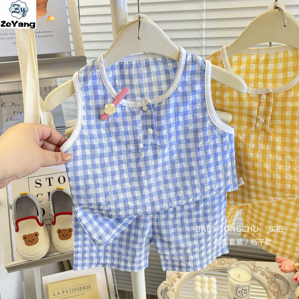 [ซี่] 70-140พร้อมสต็อกเด็กเสื้อกั๊กสบายๆชุดลายสก๊อตบ้านเสื้อผ้าเด็กทารกการ์ตูนชุดนอนแฟชั่นเสื้อผ้าเด็กจัดส่งที่รวดเร็ว