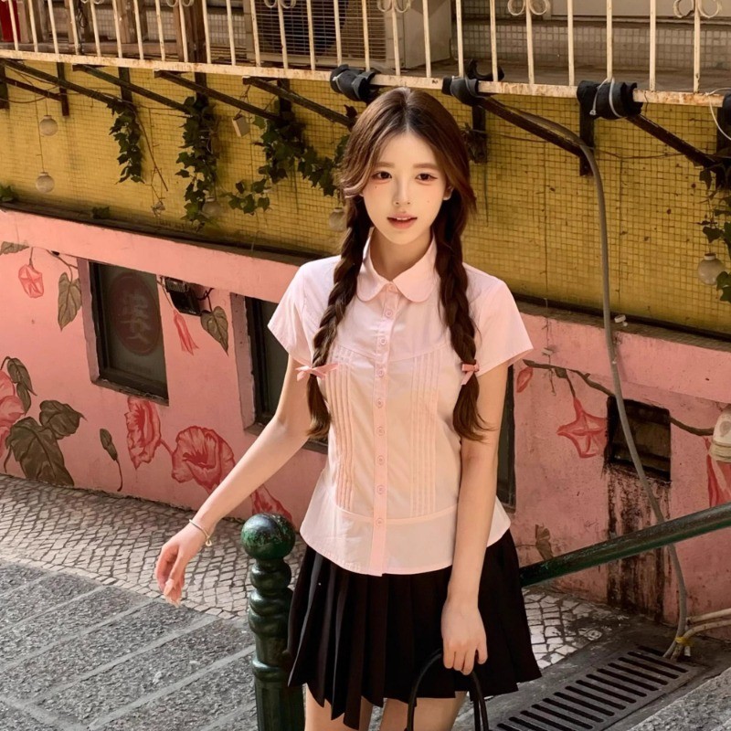 LINNA~เวอร์ชั่นเกาหลี สีทึบ แถบ สีชมพู เสื้อเชิ้ต สไตล์ใหม่ สไตล์หวาน