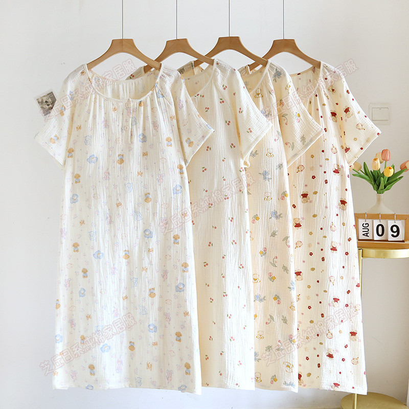 ผ้าฝ้ายแท้ผ้ากอซคู่หน้าอกPadแขนสั้นNightdressสุภาพสตรีฤดูร้อนผ้าฝ้ายบางกระโปรงบ้านนุ่มสบาย