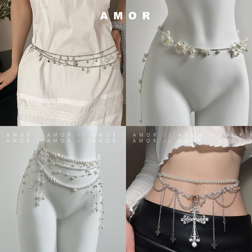 ห่วงโซ่เอวหลายชั้นพู่มุกหญิง เครื่องประดับแต่งตัว