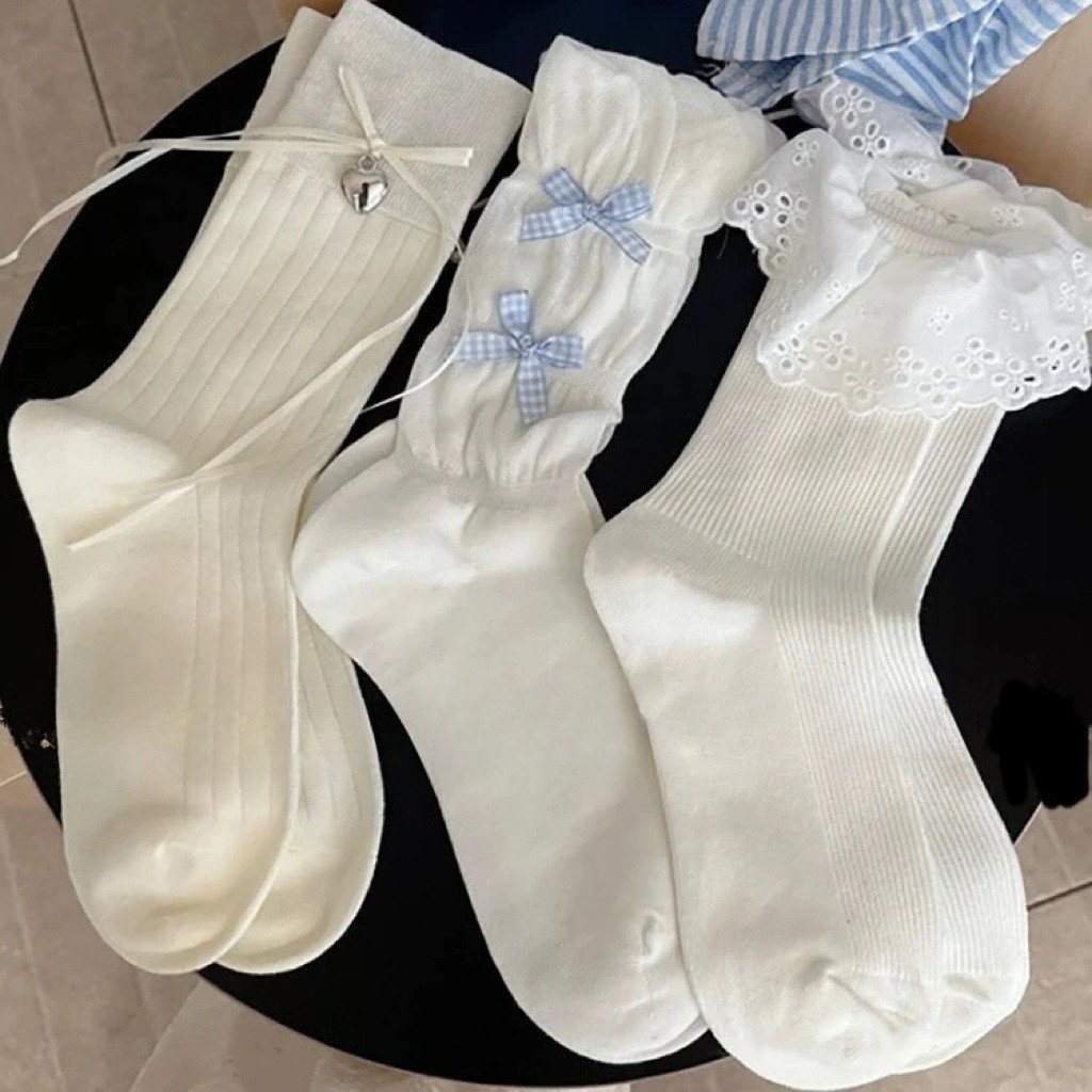 ถุงเท้าลูกไม้สีขาวสำหรับผู้หญิง สไตล์ lolita พร้อมริบบิ้นโบว์ สำหรับฤดูร้อน