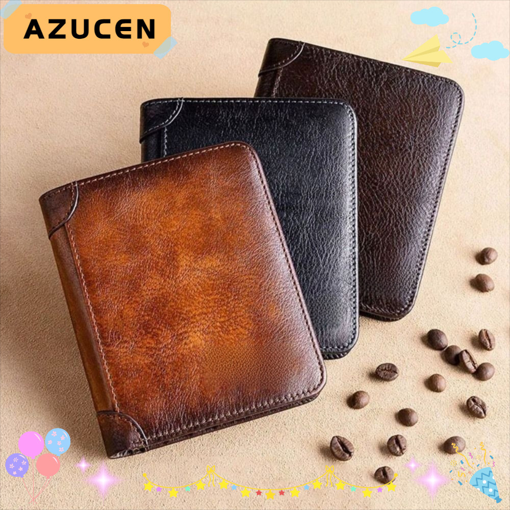 Azucen กระเป๋าสตางค์ผู้ชาย Trifold, หนังแท้สั้นผู้ชาย Vintage Thin Wallets, ID ผู้ถือบัตรเครดิตป้องกันกระเป๋าสตางค์ Multi Function Money Bag