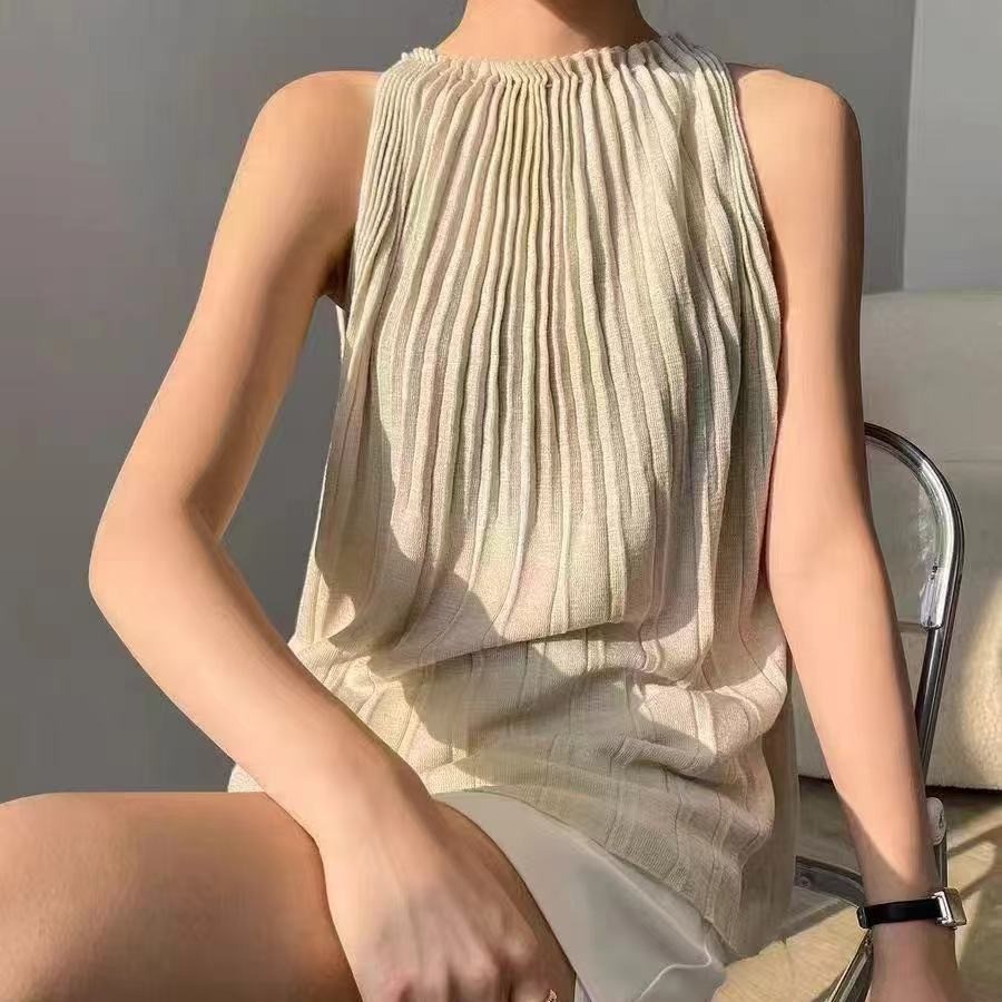 บัลามี เสื้อกั๊กถักสีชมพูแบบย่น แขนหลุด สไตล์หวานสำหรับสาวหวาน โดปามีน ฤดูร้อนสดชื่น อ่อนเยาว์ สไตล์อินสตาแกรม