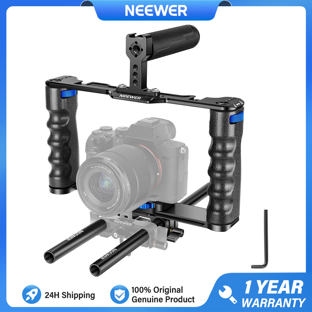 NEEWER อลูมิเนียมกรงกล้อง,การทําฟิล์ม Rig พร้อมที่จับด้านบน, Dual Grips & Arca ประเภทฐาน, ใช้งานร่วม