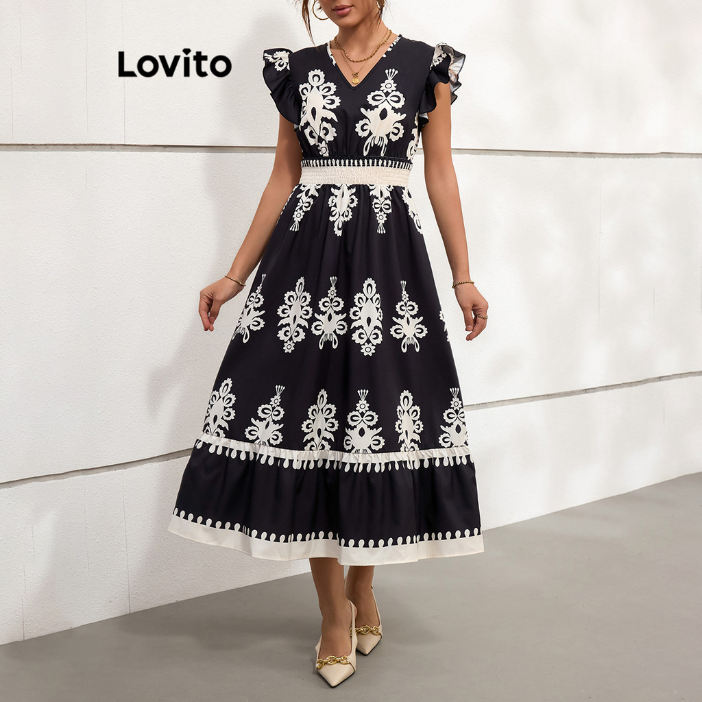 Lovito ชุดเดรสทรงหลวมผ้าพิมพ์ลายชนเผ่าสไตล์โบฮีเมียนพร้อมชายกระโปรงเย็บจีบสำหรับผู้หญิง LBL18389