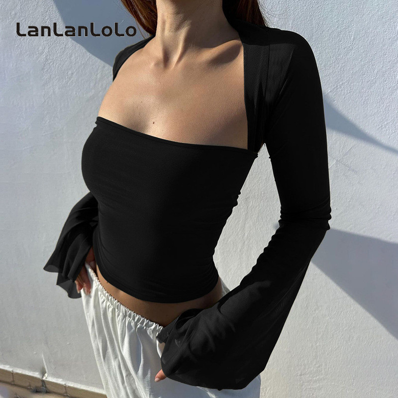 LanLanLoLo ผู้หญิง 2025 สีทึบ Slim Fit Basic ตาข่ายดูผ่านสแควร์คอเสื้อยืดแขนยาว